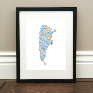 Argentina Map Art Print - Signé 8,5 " x 11 " impression de carte dessinée à la main originale, y compris les monuments de l’Argentine, la culture, les symboles et les villes