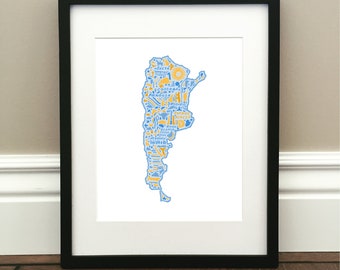 Argentina Map Art Print - Signed 8.5" x 11" print of original hand drawn map including Argentina landmarks, culture, symbols, and cities