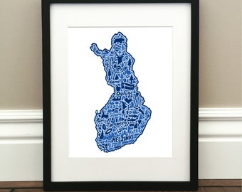 Finland Map Art Print - Colored - Signed 8.5" x 11" print of original hand drawn map including landmarks, culture, symbols, and cities