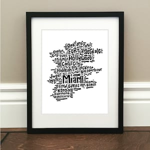 Miami Metro Map Art Print - Signed 8.5" x 11" print of original hand drawn map intricately detailing the Miami Metro area