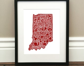 Indiana Map Art Print - Colored - Signed 8.5" x 11" print of original hand drawn map including landmarks, culture, symbols, and cities