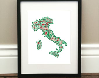 Italy Map Art Print - Colored - Signed 8.5" x 11" print of original hand drawn map including landmarks, culture, symbols, and cities