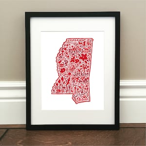 Mississippi Map Art Print - Colored - Signed 8.5&quot; x 11&quot; print of original hand drawn map including landmarks, culture, symbols, and cities