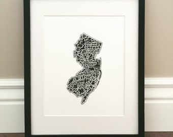 New Jersey Map Art Print - Signed 8.5" x 11" print of original hand drawn map including landmarks, culture, symbols, and cities