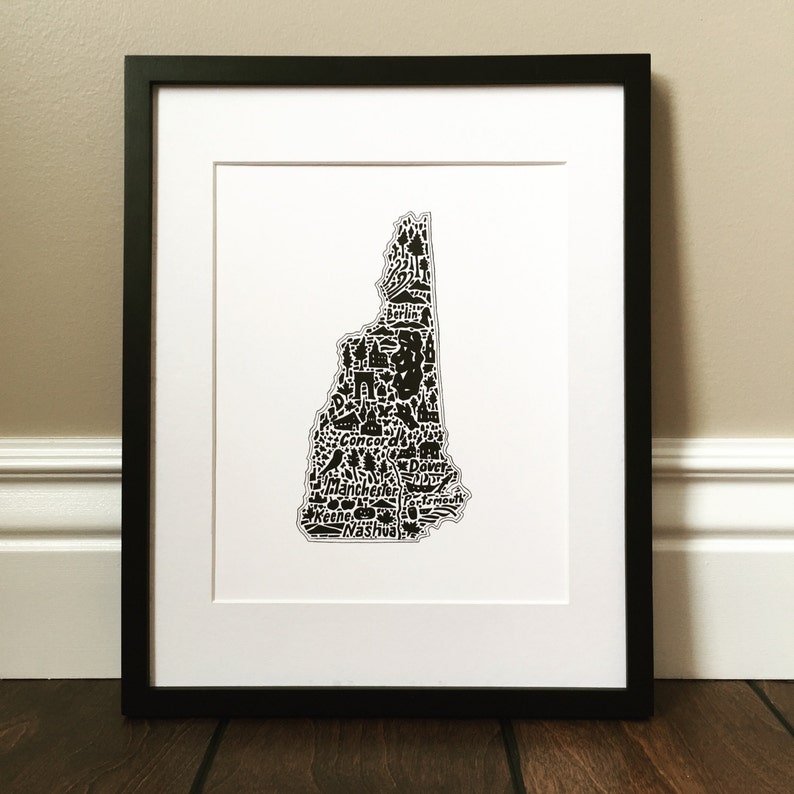 New Hampshire Map Art Print - Signed 8.5" X 11" Print of Original Hand ...