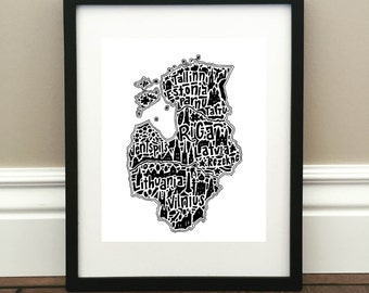 Baltic States Map Art Print - Signed 8.5" x 11" print of original hand drawn map including Estonia, Latvia, and Lithuania