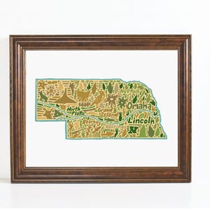 Impression d'art de carte de paysage du Nebraska - Impression d'une carte originale dessinée à la main comprenant les monuments, la culture, les symboles et les villes