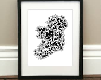 Ireland Map Art Print - Signed 8.5" x 11" print of original hand drawn map including landmarks, culture, symbols, and cities