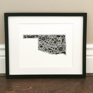 Oklahoma Map Art Print - Signed 8.5&quot; x 11&quot; print of original hand drawn map including landmarks, culture, symbols, and cities