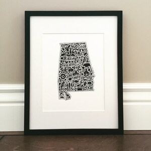Alabama Map Art Print - Signed 8.5" x 11" print of original hand drawn map including landmarks, culture, symbols, and cities