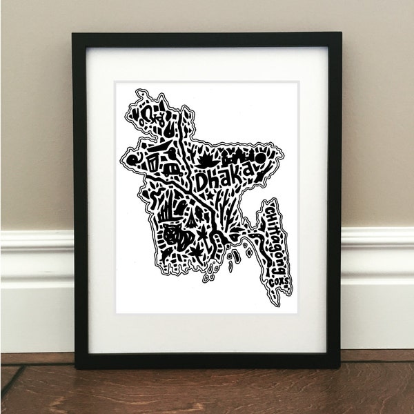 Bangladesh Map Art Print - Signed 8.5" x 11" print of original hand drawn map including landmarks, culture, symbols, and cities