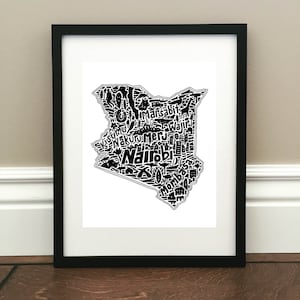 Kenia Map Art Print - Signierter 8,5 "x 11"" Druck von originale handgezeichnete Landkarte mit Sehenswürdigkeiten, Symbolen und Städten."