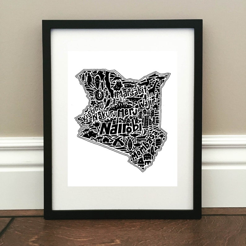 Kenya Map Art Print Signed 8.5 x 11 print of original hand drawn map including landmarks, culture, symbols, and cities image 1