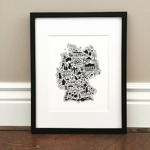 Impression d'art de carte d'Allemagne - Impression d'une carte originale dessinée à la main, y compris les monuments, la culture, les symboles et les villes de l'Allemagne