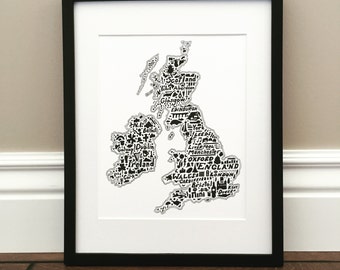 British Isles (UK) Map Art Print - Signed 8.5" x 11" print of original hand drawn map including landmarks, culture, symbols, and cities