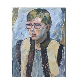 MALE PORTRAIT Vintage Original Oil Painting by Ukraine artist T.Krasnaya, 19.7x13.8&quot;, Popov Valik 1970s, Classic Style Art Collector