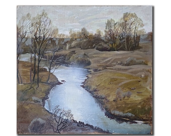 Pintura a óleo impressionista vintage de paisagem fluvial de O. Serdyukov, 1992