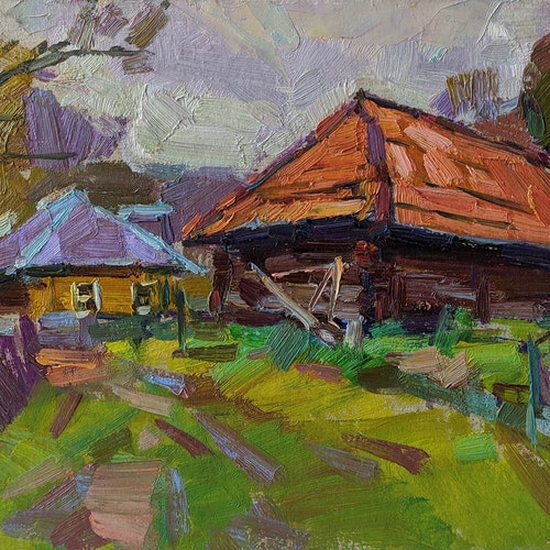 SPRING RURAL LANDSCAPE buy Original Oil Painting by a Ukrainian artist V.Pereta, Impressionist artwork, Countryside view, Old farmhouse, Signed