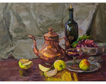 Original Impressionist Oil Painting: Still Life with Teapot, Signed Artwork