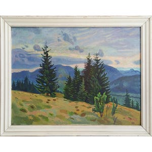 Vintage Carpathian Oil Painting: Forest Landscape by V.Chkan, 1989