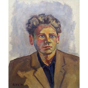 Pintura al óleo original vintage. Retrato masculino del artista ucraniano E. Bedzir, década de 1970. Realismo socialista. Retrato de un hombre. Decoración de pared retro.