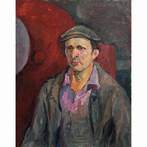 RETRATO VINTAGE de un HOMBRE Pintura al óleo original sobre lienzo del artista ucraniano A. Olkhov, 1977, Retrato de un trabajador Arte mural Retrato clásico