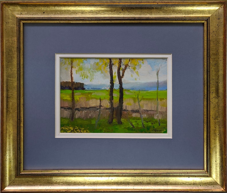 Trees VINTAGE SPRING LANDSCAPE Framed original oil painting by a Soviet Ukraine artist I.Tsyupka Meadows Nature 1960s Ready to hang art