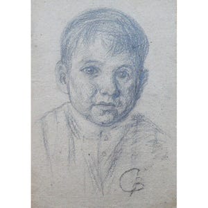 VINTAGE PORTRAIT Original Charcoal Drawing by V. Sandyuk, 1990s, One of a Kind, Not a Print, Handmade Signed Artwork, Portrait of a boy