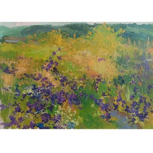 PAISAJE RURAL Pintura al óleo original vintage del artista ucraniano soviético A.Olkhov, Campo, 1980, Firmado, Realismo Socialista Arte coleccionable