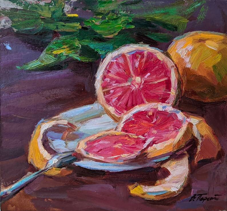 Signed artwork Still life with grapefruit Original Oil Painting by a Ukrainian artist V.Pereta Impressionist fine art Still life painting