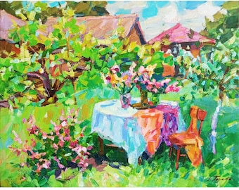 Impressionistisches Ölgemälde: "Stillleben ""Im Garten""."