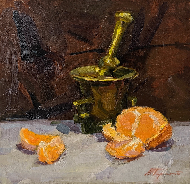 Impressionist fine art Still life painting Signed artwork Still life with tangerines Original Oil Painting by Ukrainian artist V.Pereta