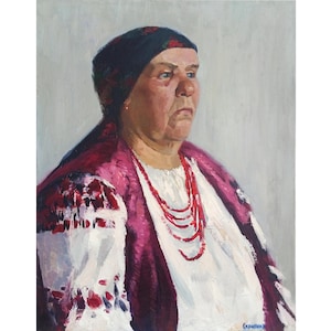 PORTRAIT of UKRAINIAN Vintage original oil painting on canvas by Ukraine artist V.Skripnik Ukrainian woman in national costume 1973 Folk Art