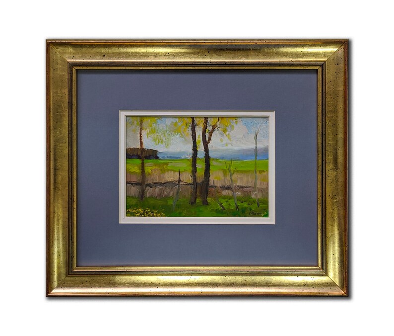 Trees VINTAGE SPRING LANDSCAPE Framed original oil painting by a Soviet Ukraine artist I.Tsyupka Meadows Nature 1960s Ready to hang art