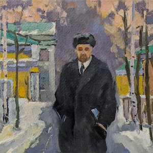 RETRATO MASCULINO Pintura al óleo original vintage de artista desconocido de Ucrania soviética, 8,9 x 9,4 pulgadas, década de 1970, realismo socialista, retrato de un hombre