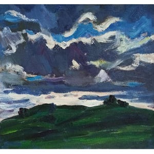 VINTAGE OIL PAINTING Clouds over the hills Impressionist Original Oil Painting by Ukraine artist I.Gapochenko, Sky, Skyscape, 1970s