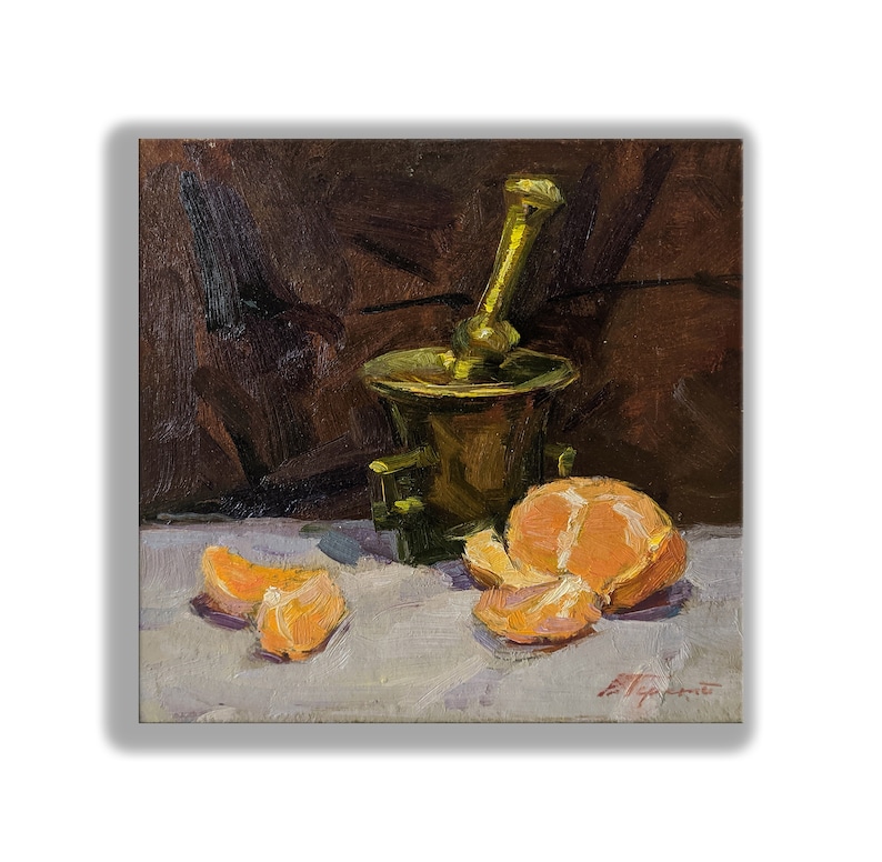 Impressionist fine art Still life painting Signed artwork Still life with tangerines Original Oil Painting by Ukrainian artist V.Pereta