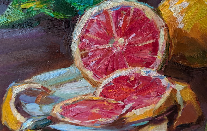 Signed artwork Still life with grapefruit Original Oil Painting by a Ukrainian artist V.Pereta Impressionist fine art Still life painting