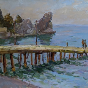 SEA ART Original Oil Painting by Ukraine artist V.Pereta, Seascape, Pier, People, Seashore, Seaside art, Impressionist artwork, 19.7&quot;x 30.1&quot;