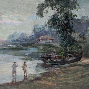 Pintura al óleo original impresionista sobre lienzo Paisaje fluvial del artista ucraniano Kuzmenko, 17,3 x 23,6 pulgadas, Atardecer en el río, Pescadores