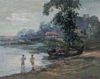 Pintura al óleo original impresionista sobre lienzo, Paisaje fluvial, del artista ucraniano Kuzmenko, 17,3 x 23,6 pulgadas, Puesta de sol en el río, Pescadores.