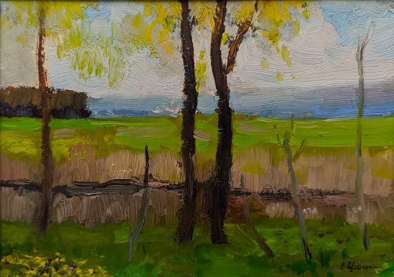Trees VINTAGE SPRING LANDSCAPE Framed original oil painting by a Soviet Ukraine artist I.Tsyupka Meadows Nature 1960s Ready to hang art