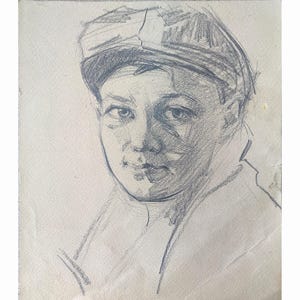 VINTAGE MALE PORTRAIT original painting coal on paper by Unknown Ukrainian artist, A Man in the Cap, 1970s Realistic sketch Collectible art