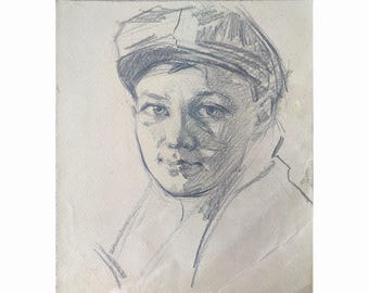 VINTAGE MALE PORTRAIT original painting coal on paper by Unknown Ukrainian artist, A Man in the Cap, 1970s Realistic sketch Collectible art