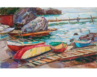 SEA ART WORK Original Oil Painting by Ukraine artist V.Pereta, Seascape, Fishing pier, Boats, Nautical, Seaside artwork, 19.7 x 31.1 inch
