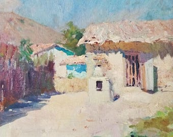 VINTAGE LANDSCAPE Original Oil Painting by a Ukraine artist M.Khakhin, 1980s, Rural yard, Village, Nature Collectible Artwork Retro Art