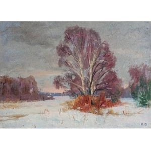 May include: A painting depicting a winter scene with a solitary tree in the foreground. The tree has bare branches and is rendered in shades of pink and purple. The background features a snowy field with a forest in the distance. The sky is a pale grey with hints of pink and orange.