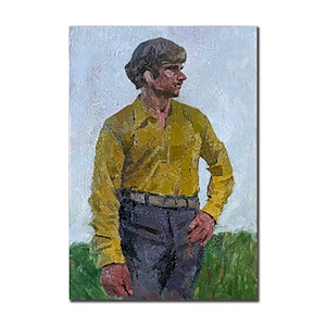 RETRATO MASCULINO Pintura al óleo original vintage del artista ucraniano soviético M.Varennia, 19,9 x 13,6", 1980, realismo socialista, retrato de un hombre
