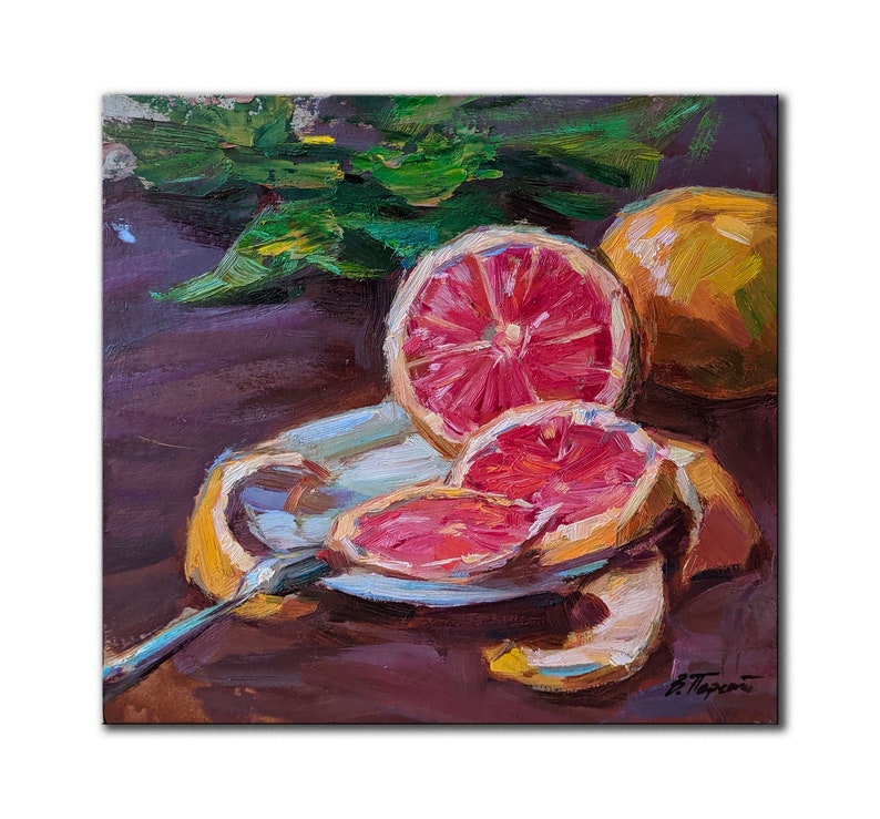 Signed artwork Still life with grapefruit Original Oil Painting by a Ukrainian artist V.Pereta Impressionist fine art Still life painting
