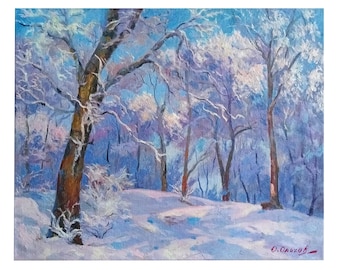 WINTER LANDSCAPE Vintage original oil painting on canvas by Ukrainian artist A.Olkhov, Winter morning in Sidnevo 1988 Signed Snow Scene